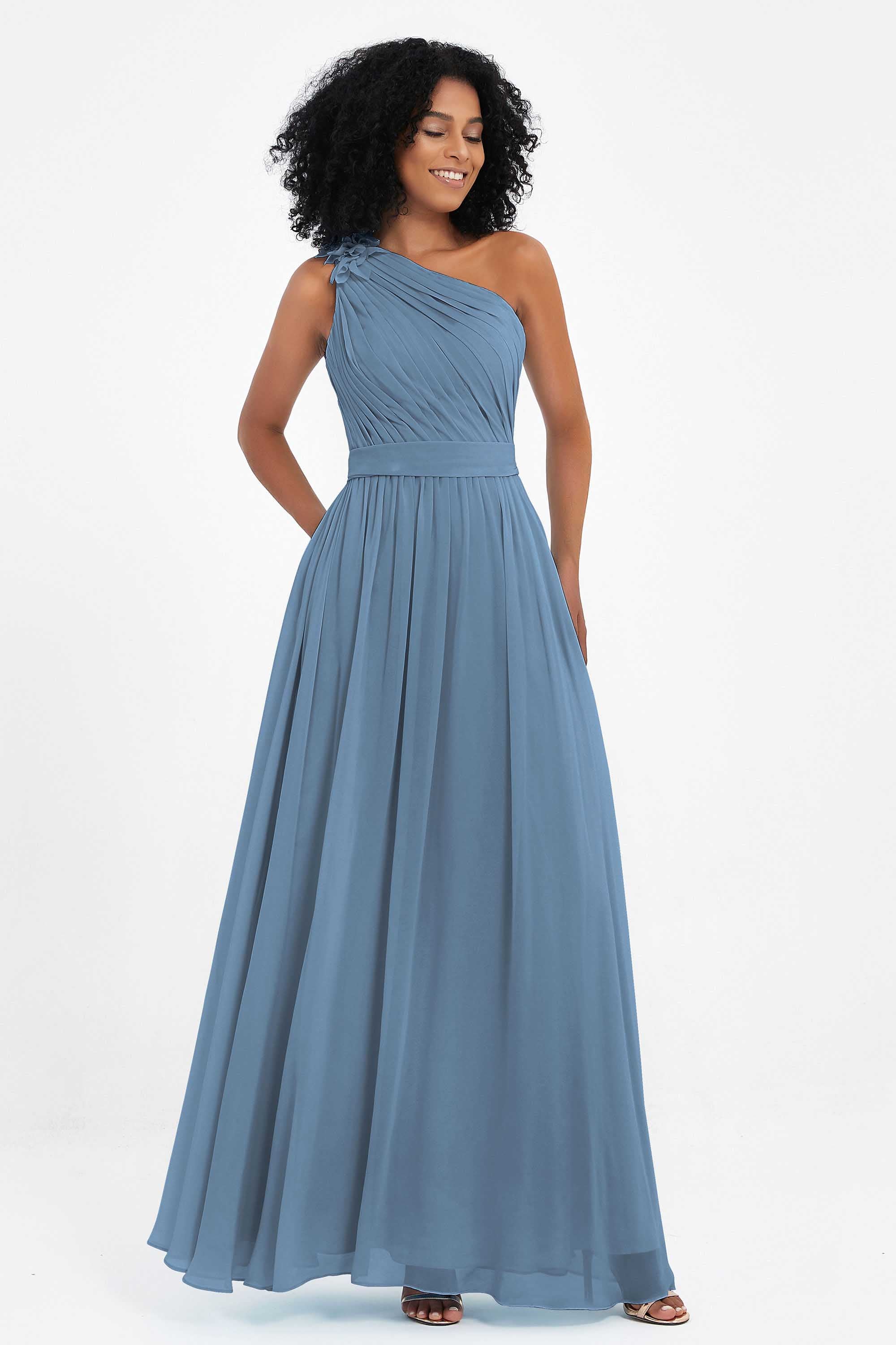 One Shoulder Chiffon Maxi Bridesmaid Dress Ruched Pleated Sleeveless Formal Evening Dresses