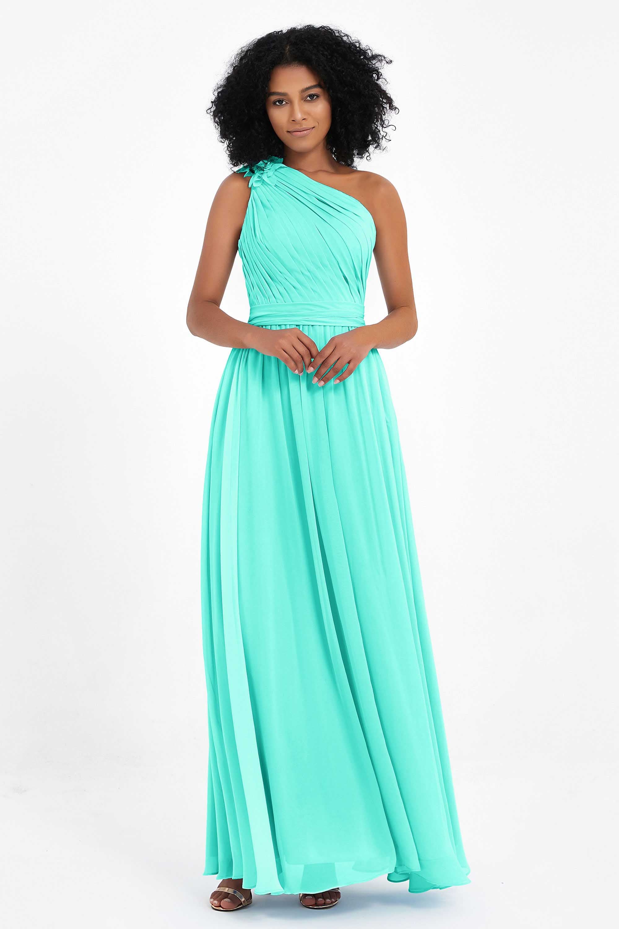One Shoulder Chiffon Maxi Bridesmaid Dress Ruched Pleated Sleeveless Formal Evening Dresses