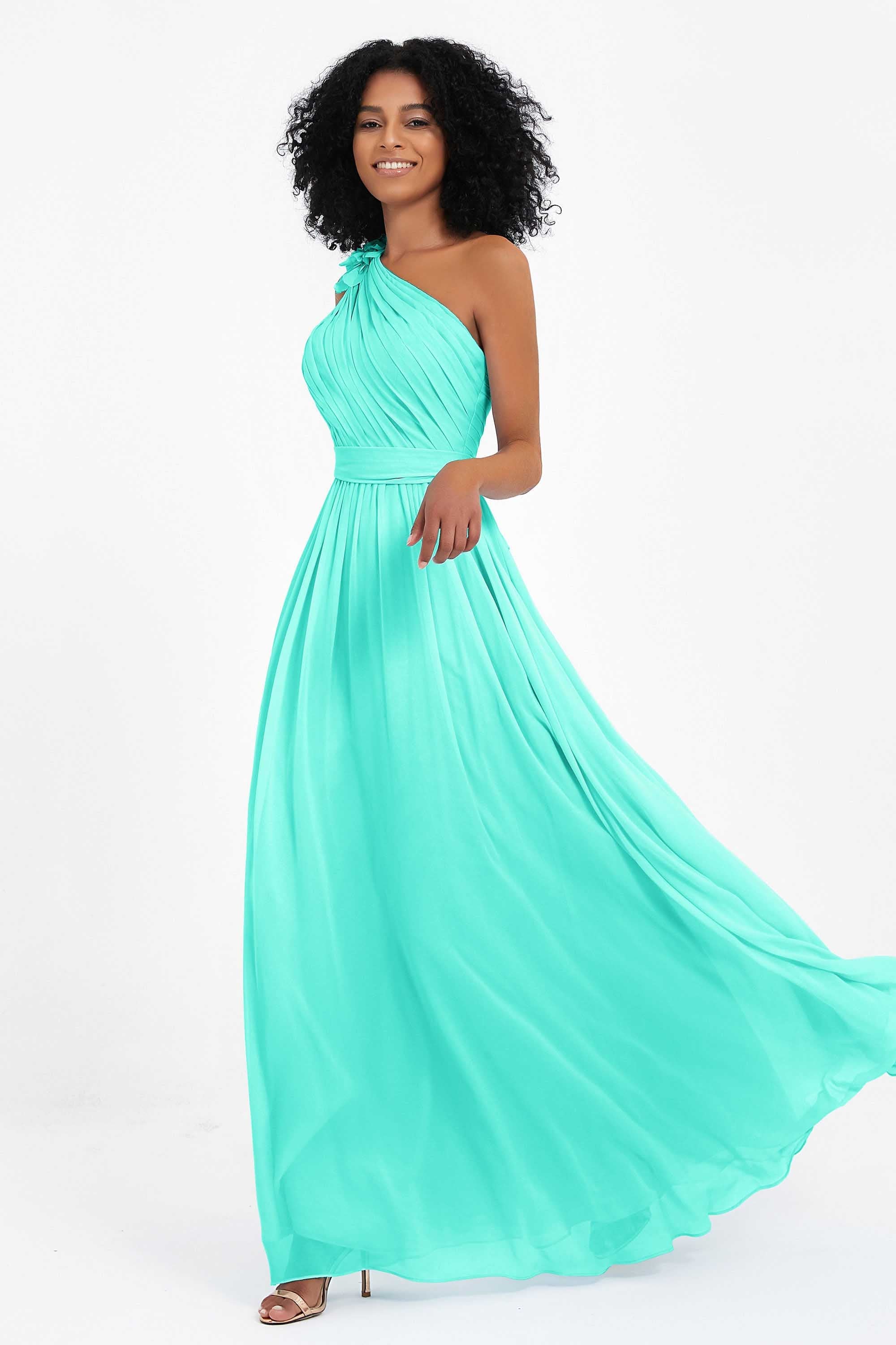 One Shoulder Chiffon Maxi Bridesmaid Dress Ruched Pleated Sleeveless Formal Evening Dresses