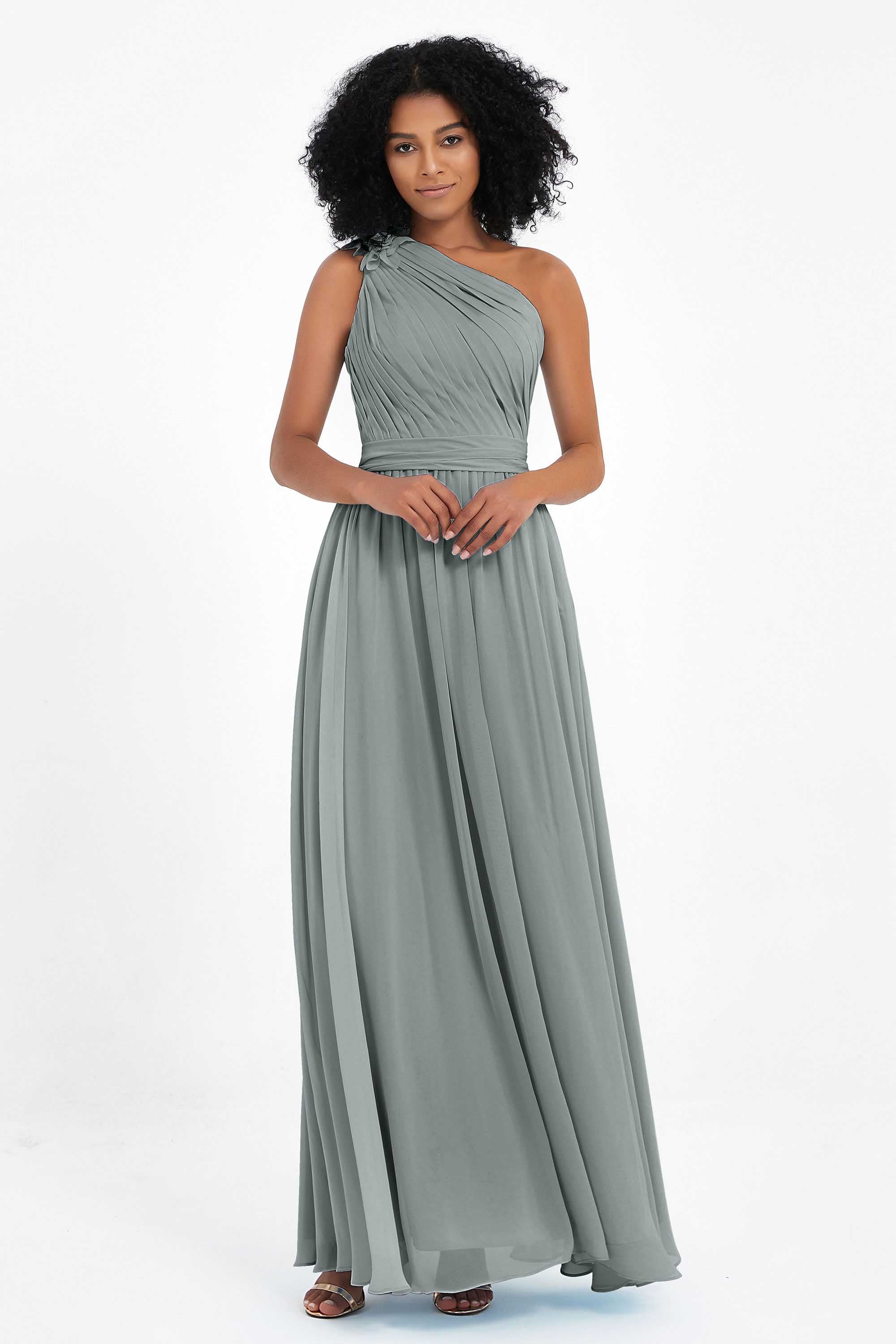 One Shoulder Chiffon Maxi Bridesmaid Dress Ruched Pleated Sleeveless Formal Evening Dresses