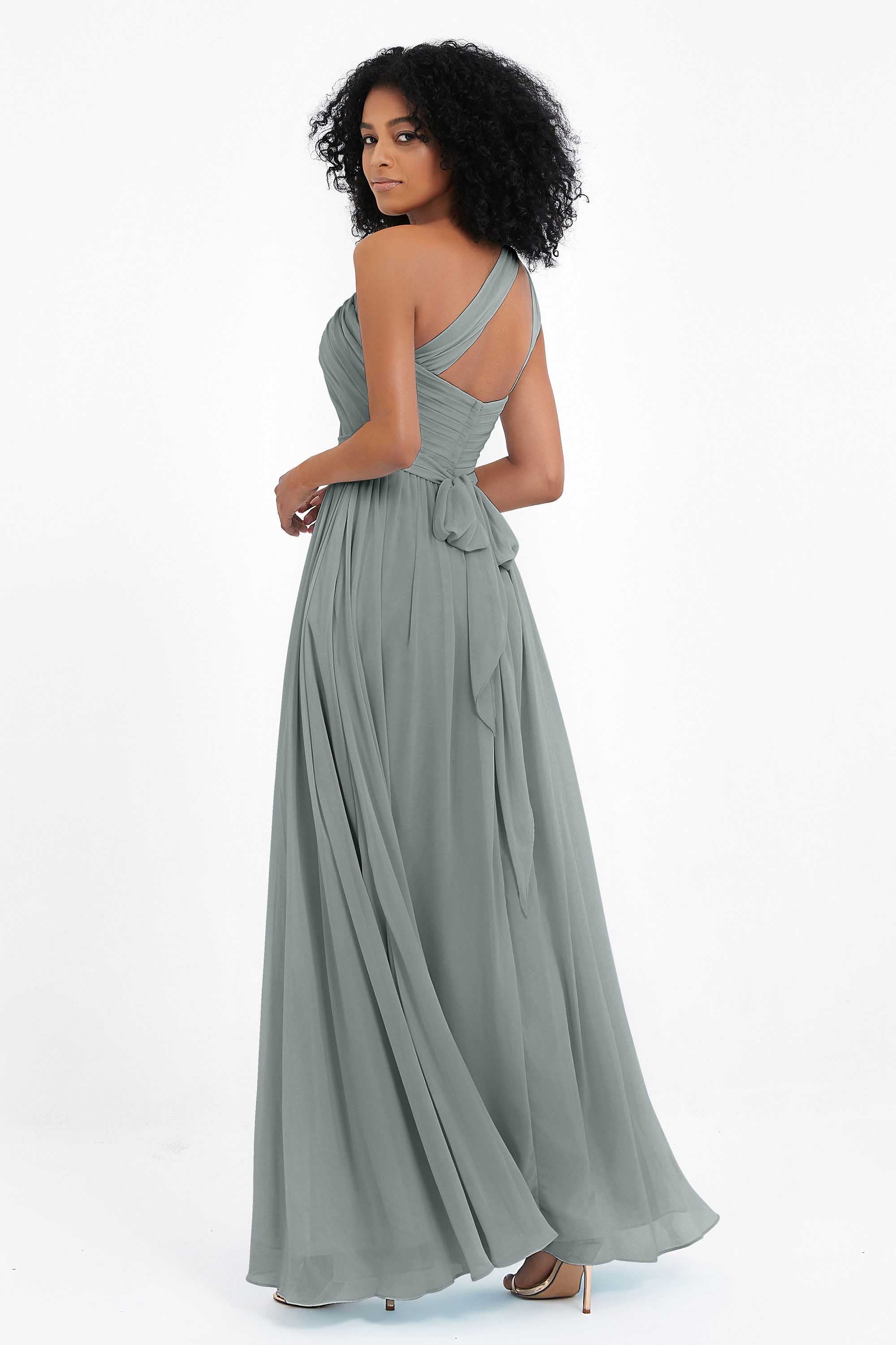 One Shoulder Chiffon Maxi Bridesmaid Dress Ruched Pleated Sleeveless Formal Evening Dresses