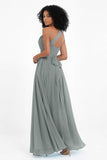 One Shoulder Chiffon Maxi Bridesmaid Dress Ruched Pleated Sleeveless Formal Evening Dresses