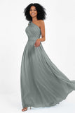 One Shoulder Chiffon Maxi Bridesmaid Dress Ruched Pleated Sleeveless Formal Evening Dresses