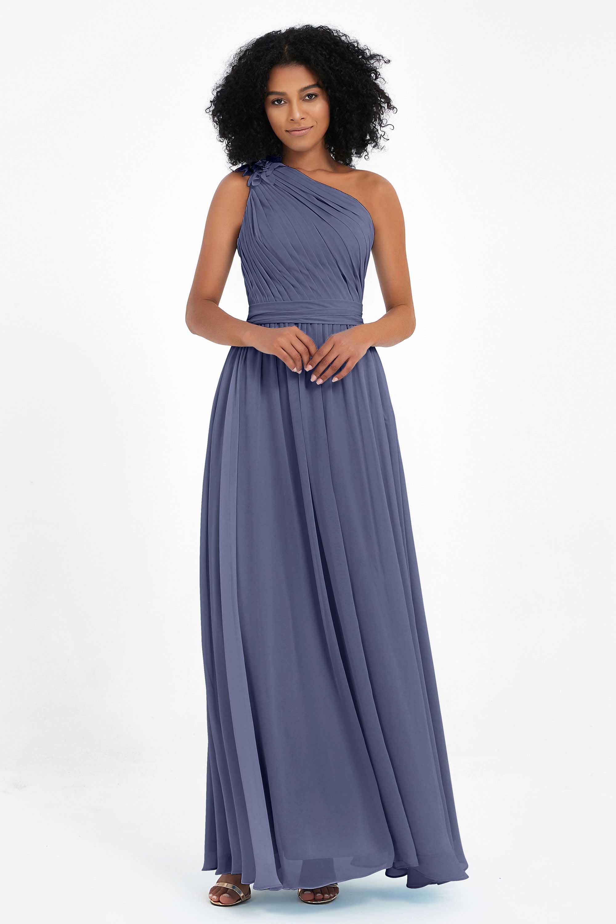 One Shoulder Chiffon Maxi Bridesmaid Dress Ruched Pleated Sleeveless Formal Evening Dresses