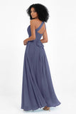 One Shoulder Chiffon Maxi Bridesmaid Dress Ruched Pleated Sleeveless Formal Evening Dresses
