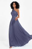 One Shoulder Chiffon Maxi Bridesmaid Dress Ruched Pleated Sleeveless Formal Evening Dresses