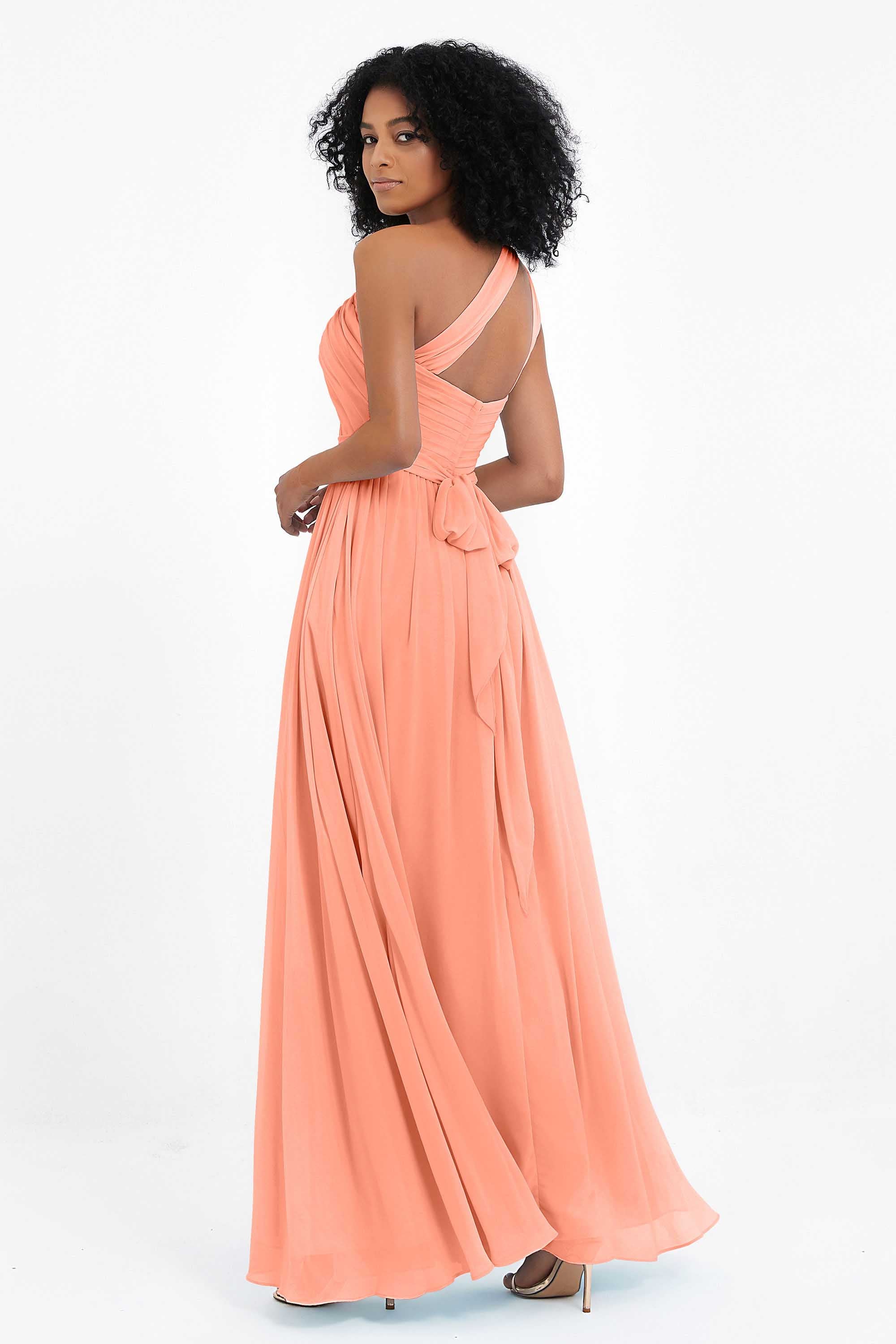 One Shoulder Chiffon Maxi Bridesmaid Dress Ruched Pleated Sleeveless Formal Evening Dresses