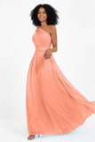 One Shoulder Chiffon Maxi Bridesmaid Dress Ruched Pleated Sleeveless Formal Evening Dresses