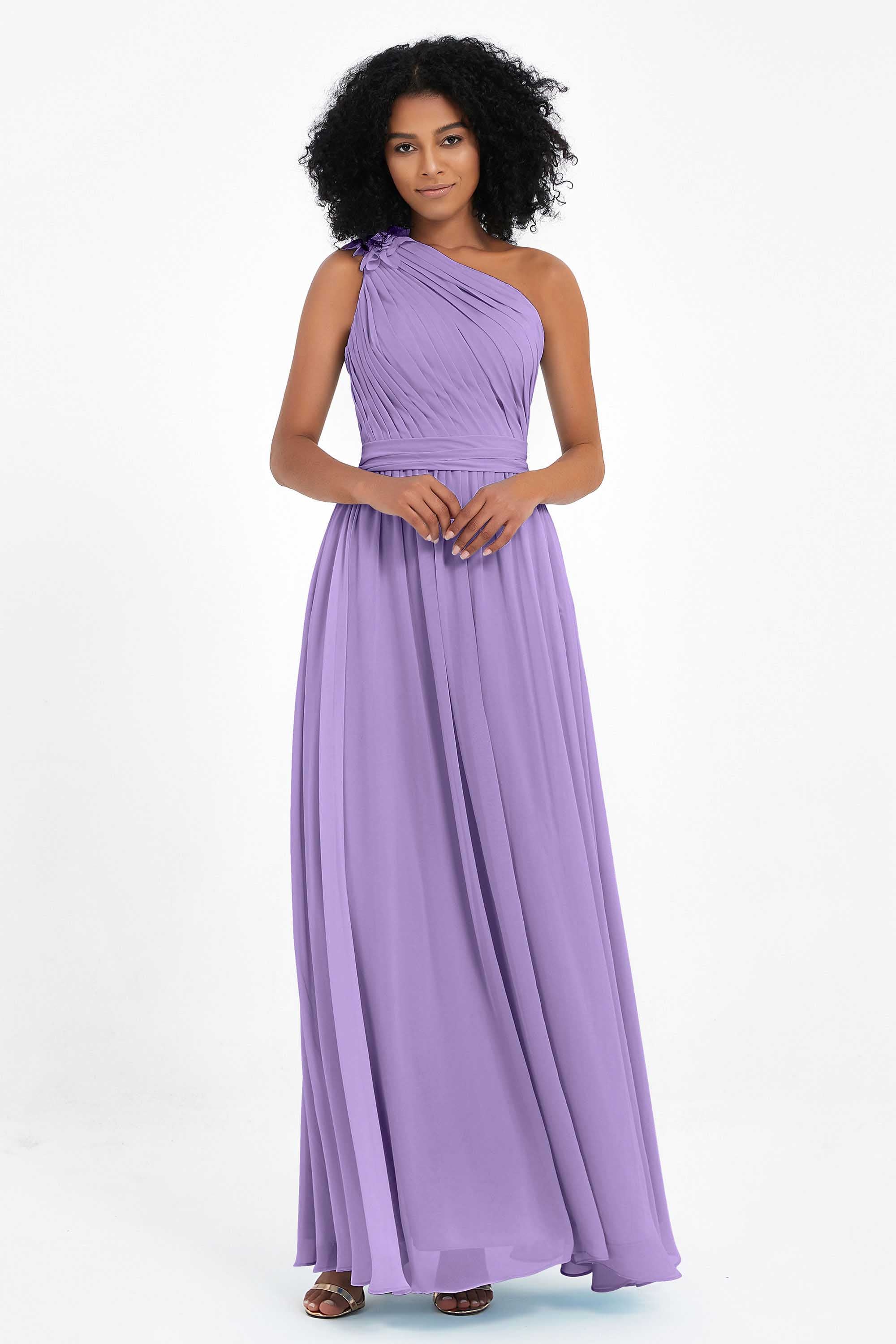 One Shoulder Chiffon Maxi Bridesmaid Dress Ruched Pleated Sleeveless Formal Evening Dresses