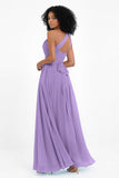 One Shoulder Chiffon Maxi Bridesmaid Dress Ruched Pleated Sleeveless Formal Evening Dresses