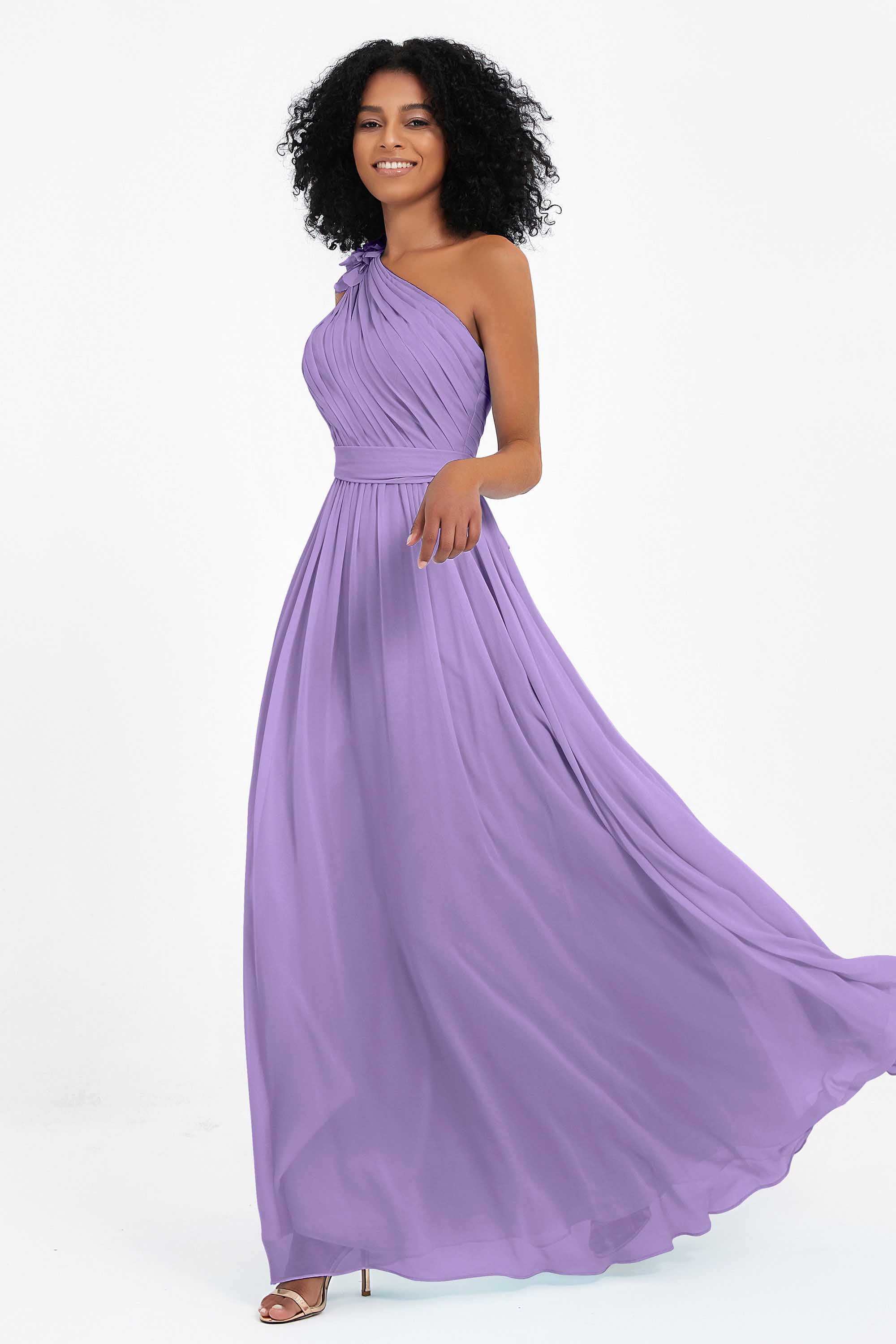 One Shoulder Chiffon Maxi Bridesmaid Dress Ruched Pleated Sleeveless Formal Evening Dresses