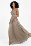 One Shoulder Chiffon Maxi Bridesmaid Dress Ruched Pleated Sleeveless Formal Evening Dresses
