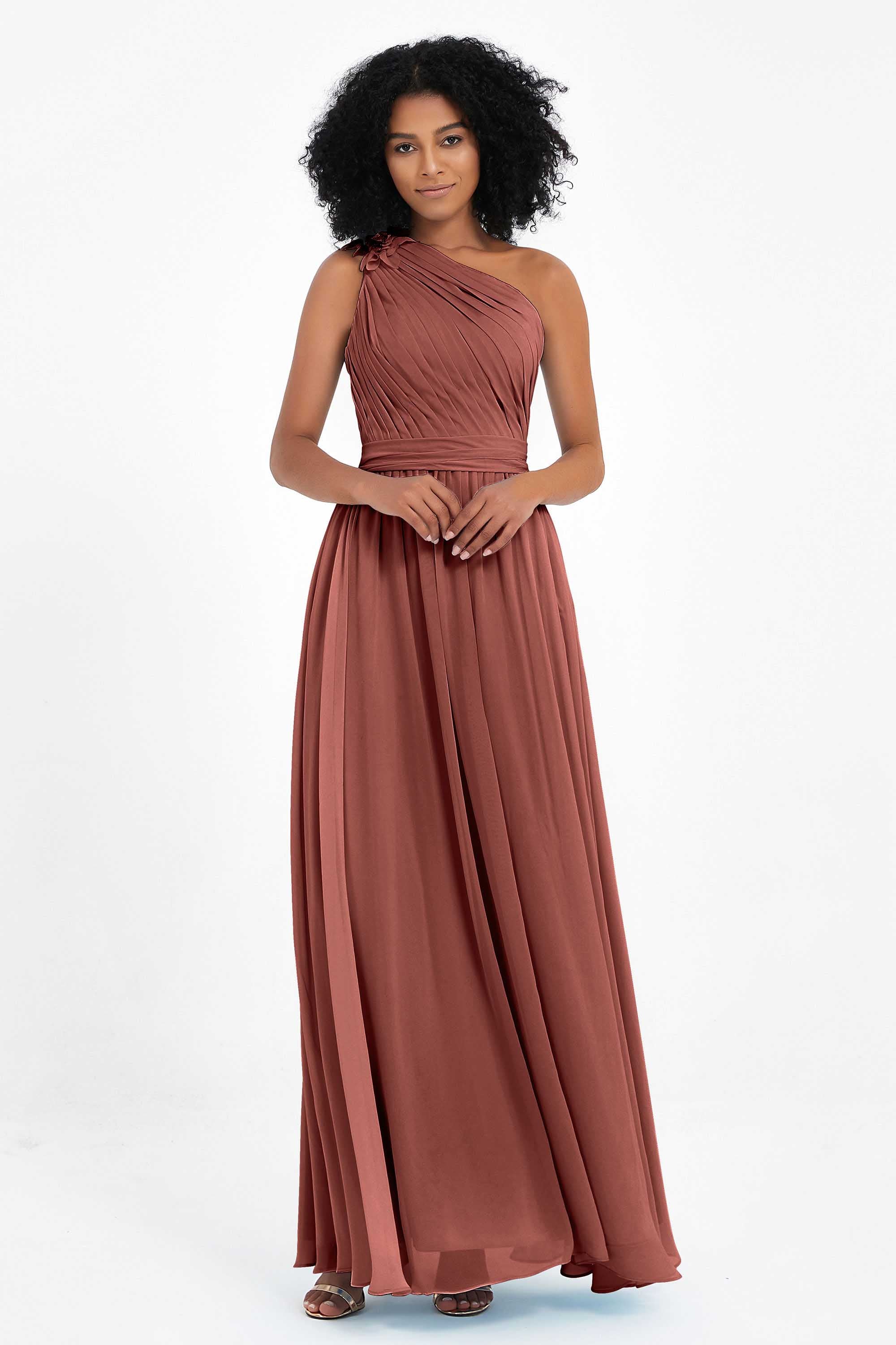 One Shoulder Chiffon Maxi Bridesmaid Dress Ruched Pleated Sleeveless Formal Evening Dresses