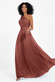 One Shoulder Chiffon Maxi Bridesmaid Dress Ruched Pleated Sleeveless Formal Evening Dresses