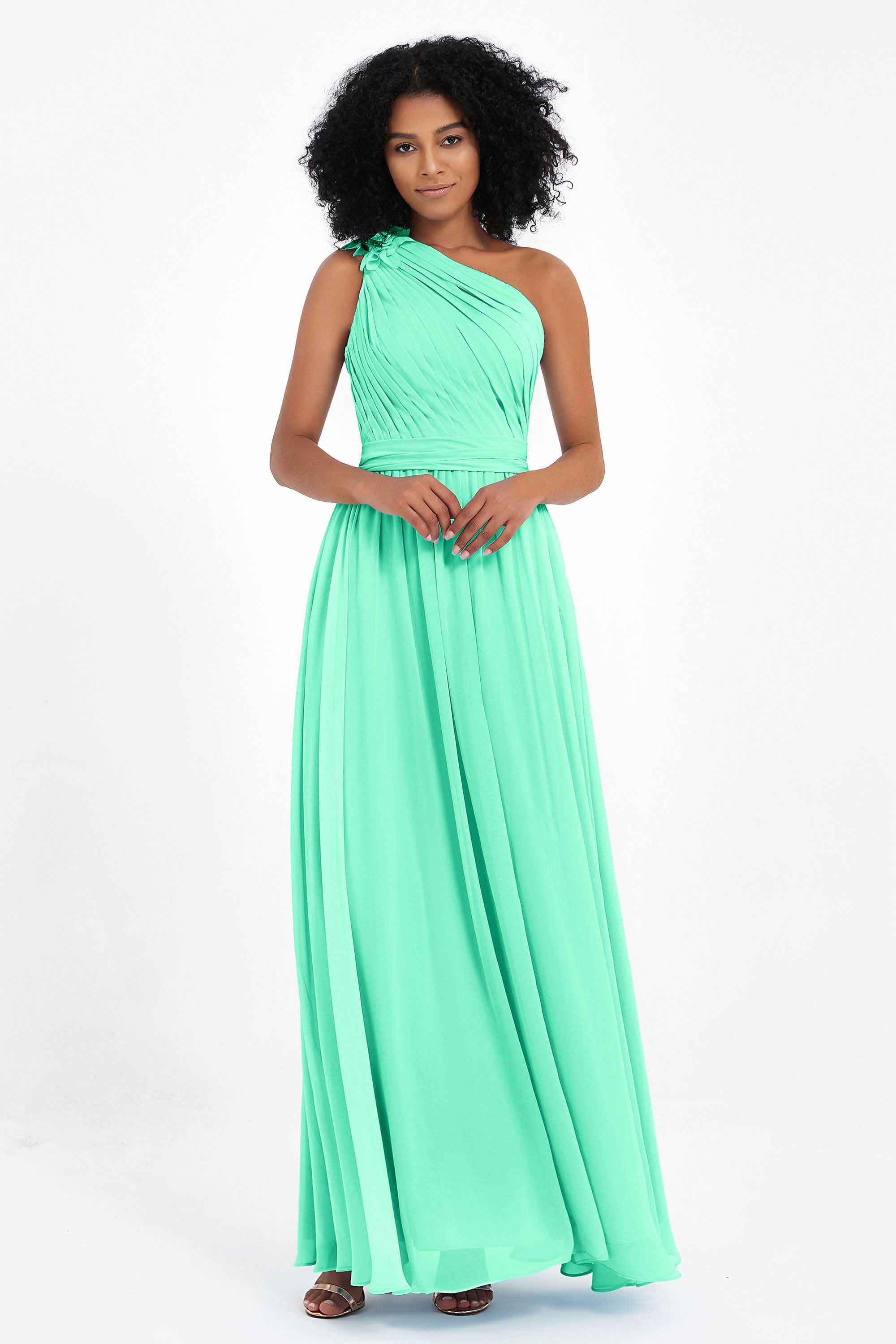 One Shoulder Chiffon Maxi Bridesmaid Dress Ruched Pleated Sleeveless Formal Evening Dresses