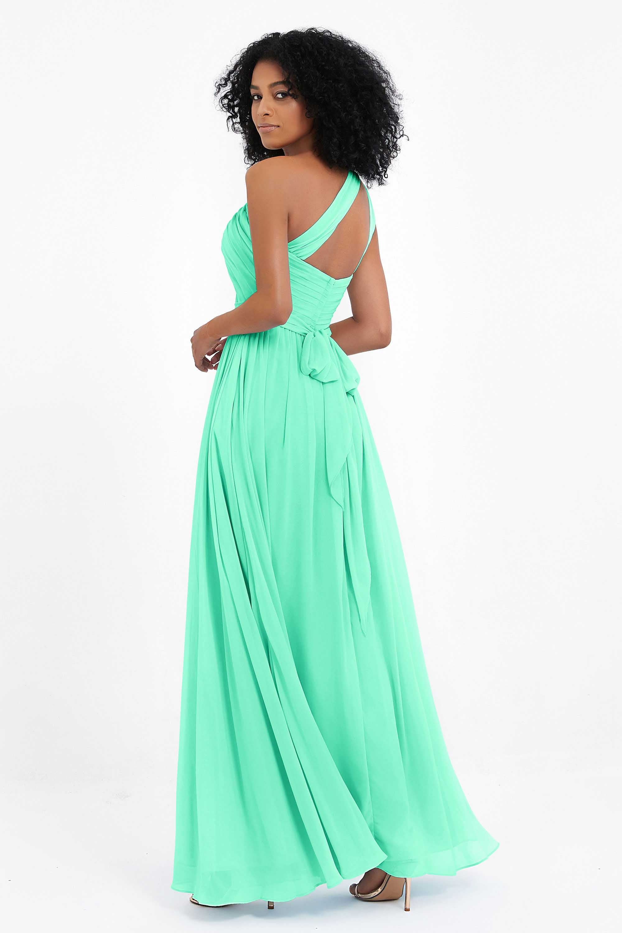 One Shoulder Chiffon Maxi Bridesmaid Dress Ruched Pleated Sleeveless Formal Evening Dresses