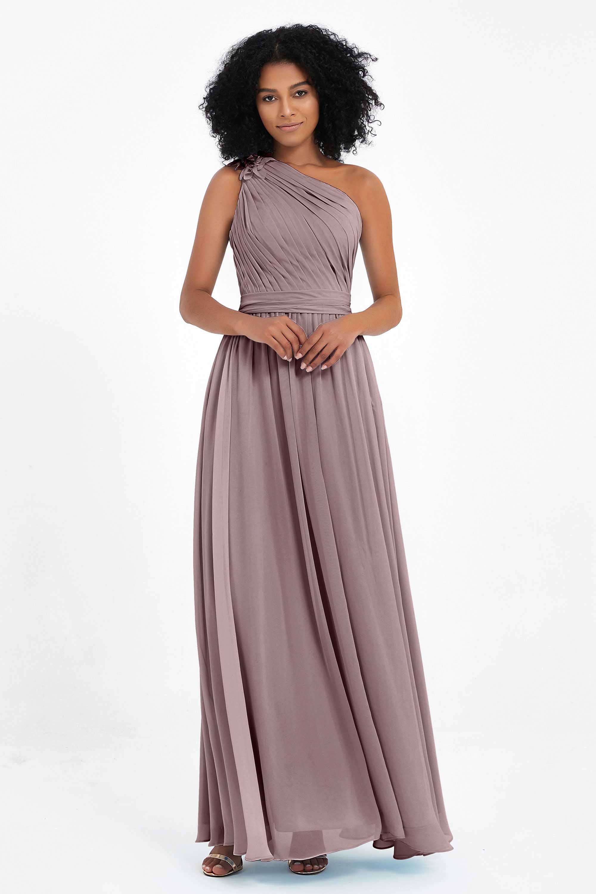 One Shoulder Chiffon Maxi Bridesmaid Dress Ruched Pleated Sleeveless Formal Evening Dresses