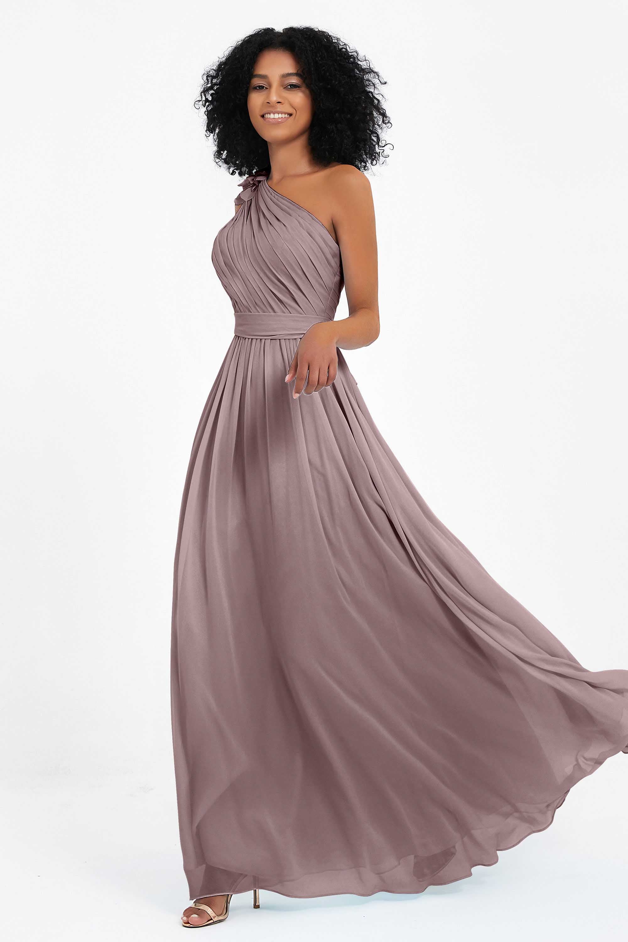 One Shoulder Chiffon Maxi Bridesmaid Dress Ruched Pleated Sleeveless Formal Evening Dresses