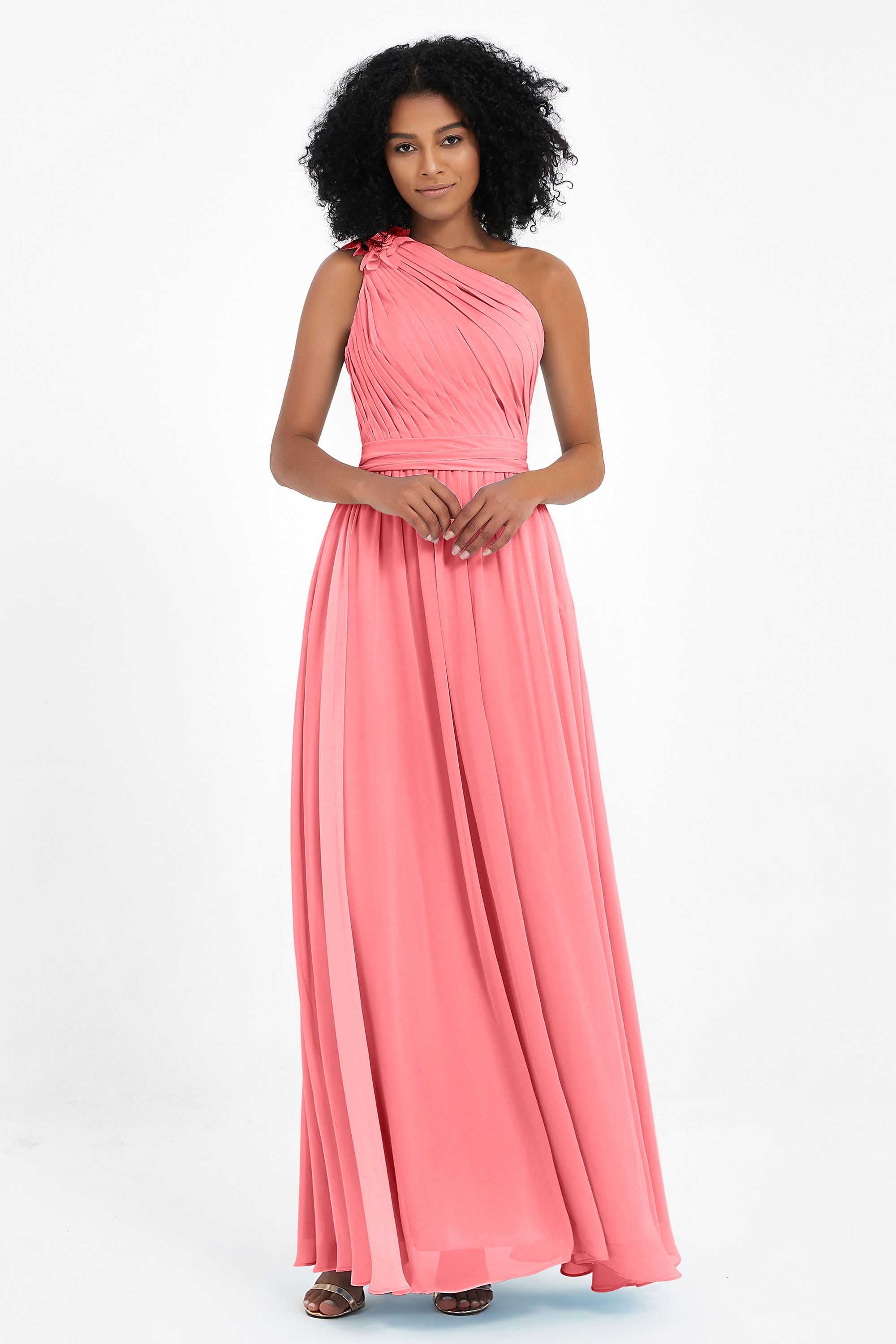 One Shoulder Chiffon Maxi Bridesmaid Dress Ruched Pleated Sleeveless Formal Evening Dresses
