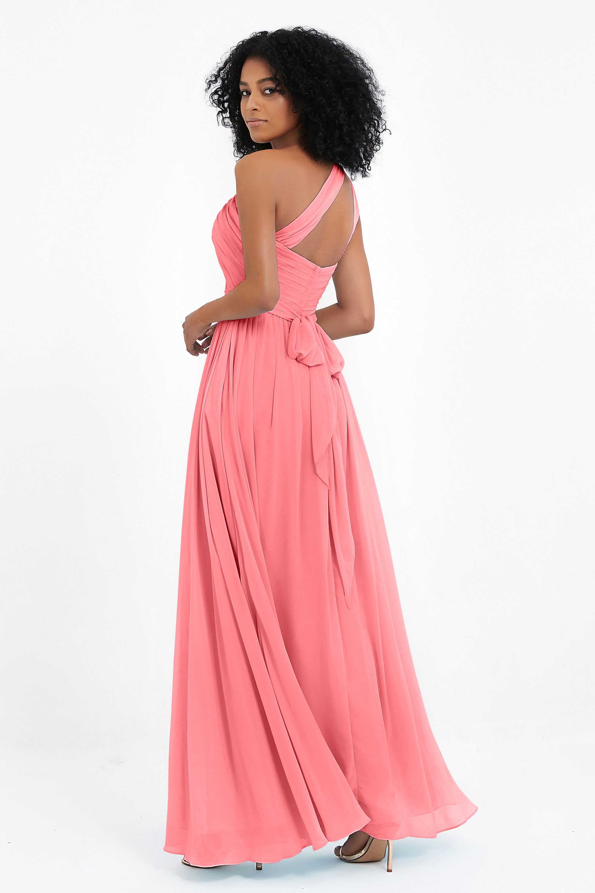 One Shoulder Chiffon Maxi Bridesmaid Dress Ruched Pleated Sleeveless Formal Evening Dresses