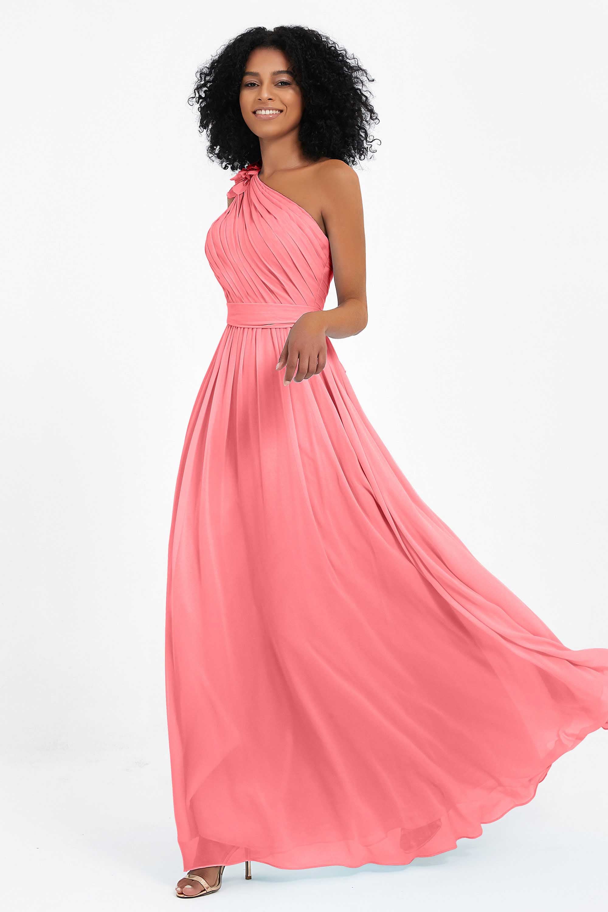 One Shoulder Chiffon Maxi Bridesmaid Dress Ruched Pleated Sleeveless Formal Evening Dresses