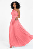 One Shoulder Chiffon Maxi Bridesmaid Dress Ruched Pleated Sleeveless Formal Evening Dresses
