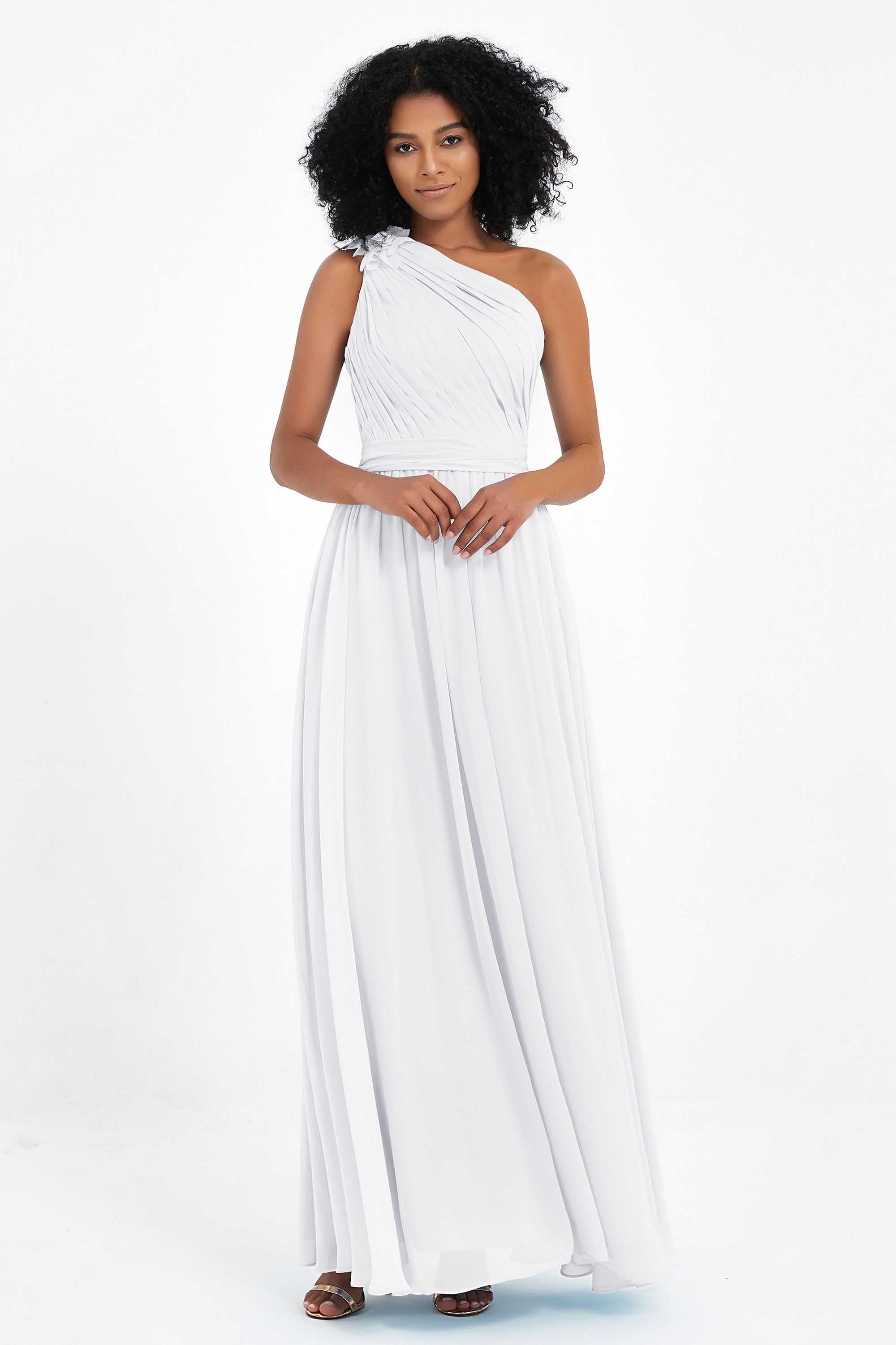 One Shoulder Chiffon Maxi Bridesmaid Dress Ruched Pleated Sleeveless Formal Evening Dresses