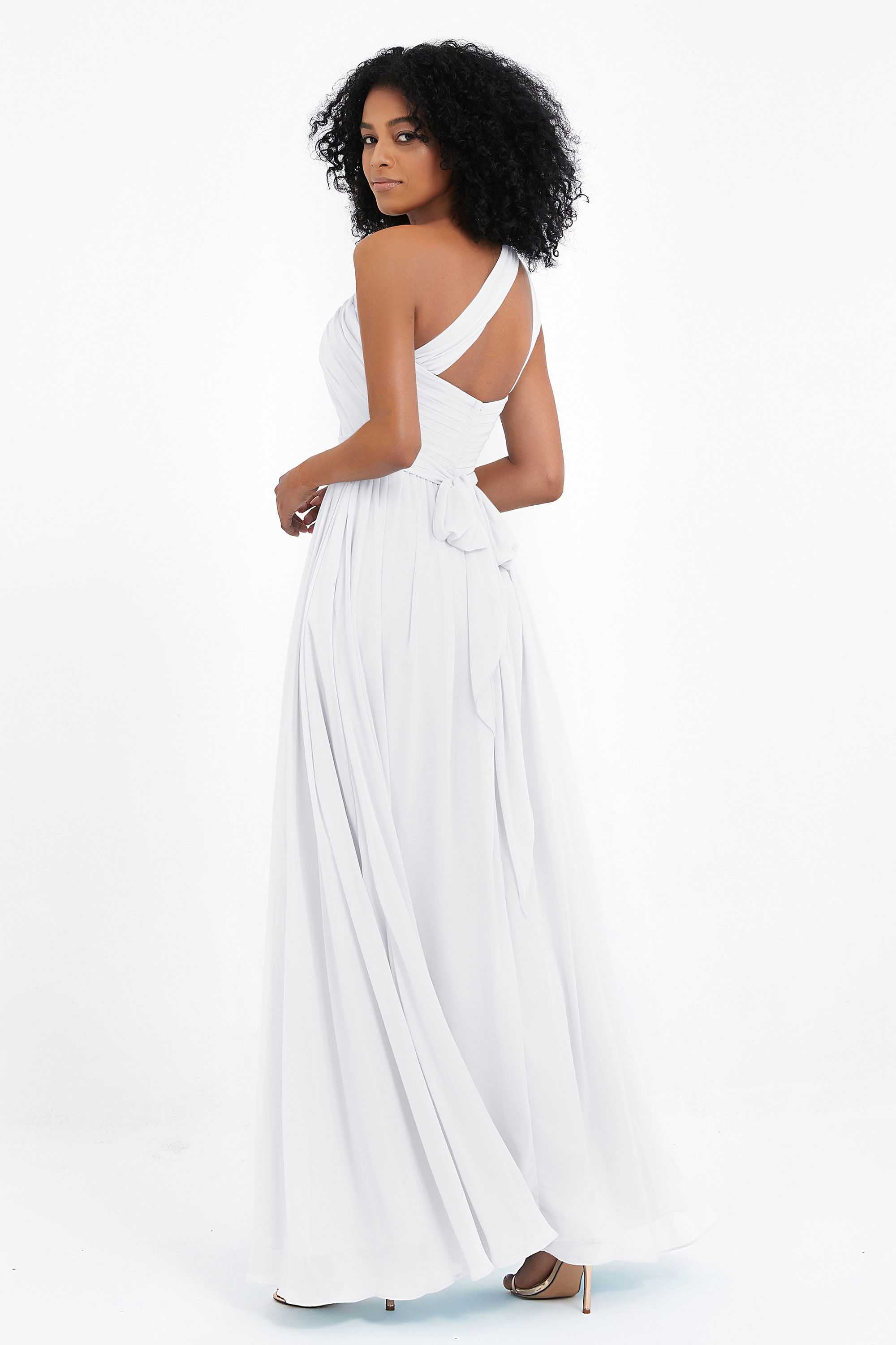 One Shoulder Chiffon Maxi Bridesmaid Dress Ruched Pleated Sleeveless Formal Evening Dresses