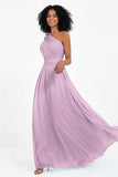 One Shoulder Chiffon Maxi Bridesmaid Dress Ruched Pleated Sleeveless Formal Evening Dresses