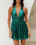 Vestido de lentejuelas para mujer, con tirantes finos, sexy, escote en V profundo, sin espalda, con purpurina, para fiesta, club, estilo patinador, minivestido de cóctel 