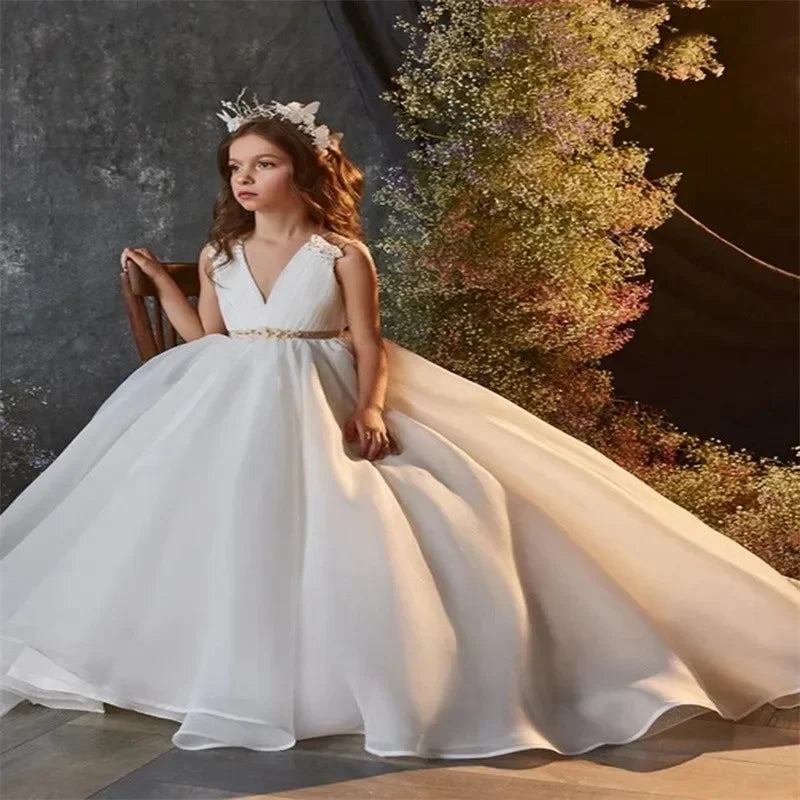 For Weddings Sleeveless Floor Length First Communionkids Birthday Party  Prom Dress White V-neck Simple Flower Girl Dresses