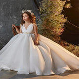 For Weddings Sleeveless Floor Length First Communionkids Birthday Party  Prom Dress White V-neck Simple Flower Girl Dresses