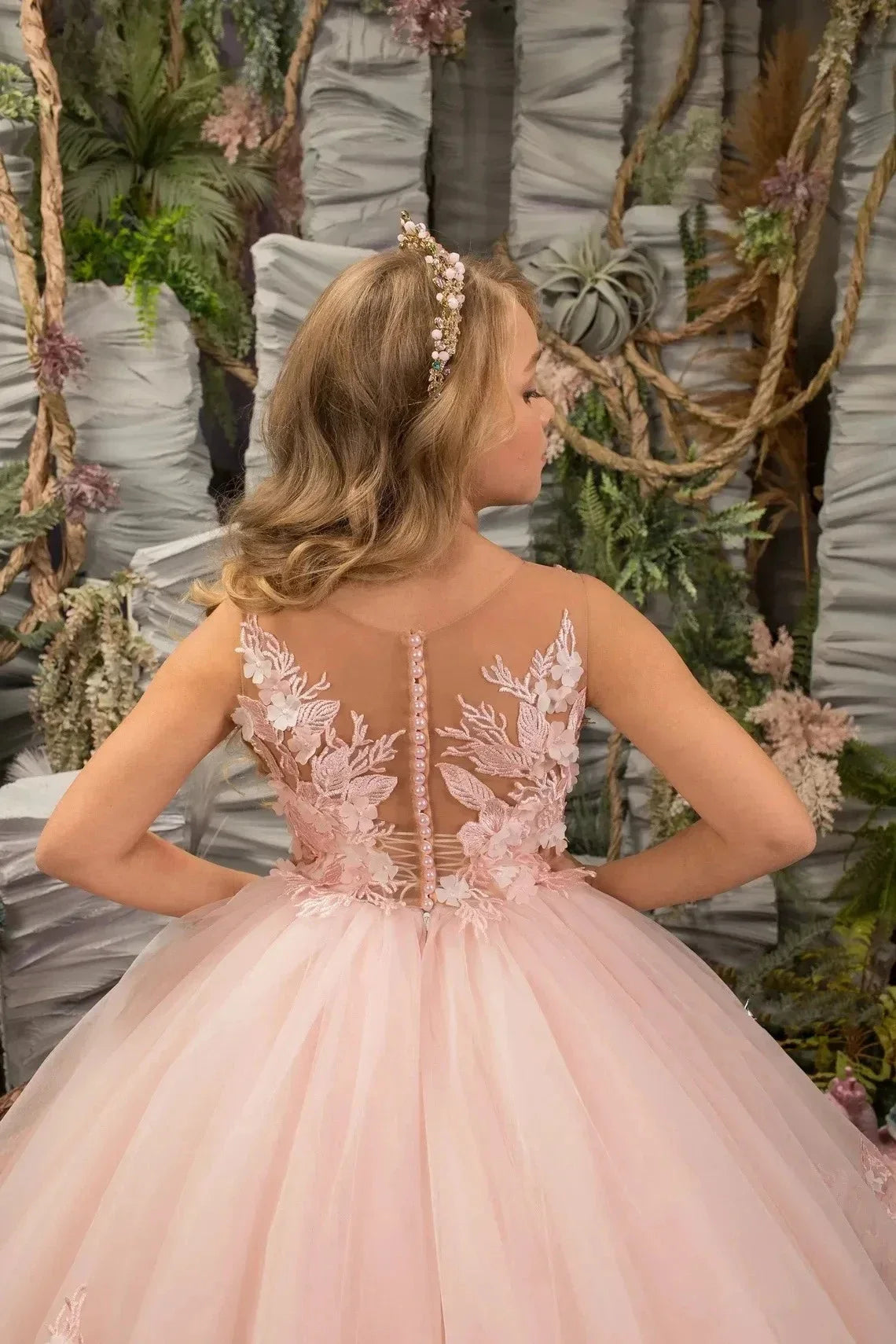 Vestido de primera comunión para niña, largo hasta el suelo, para fiesta de cumpleaños infantil, color rosa, para boda, con apliques florales 3D. 