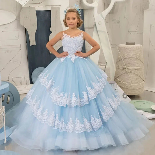 Floor Length Customized First Communion Dresses Birthday Ball Gowns Light Blue Flower Girls Dresses For Weddings Lace Appliques