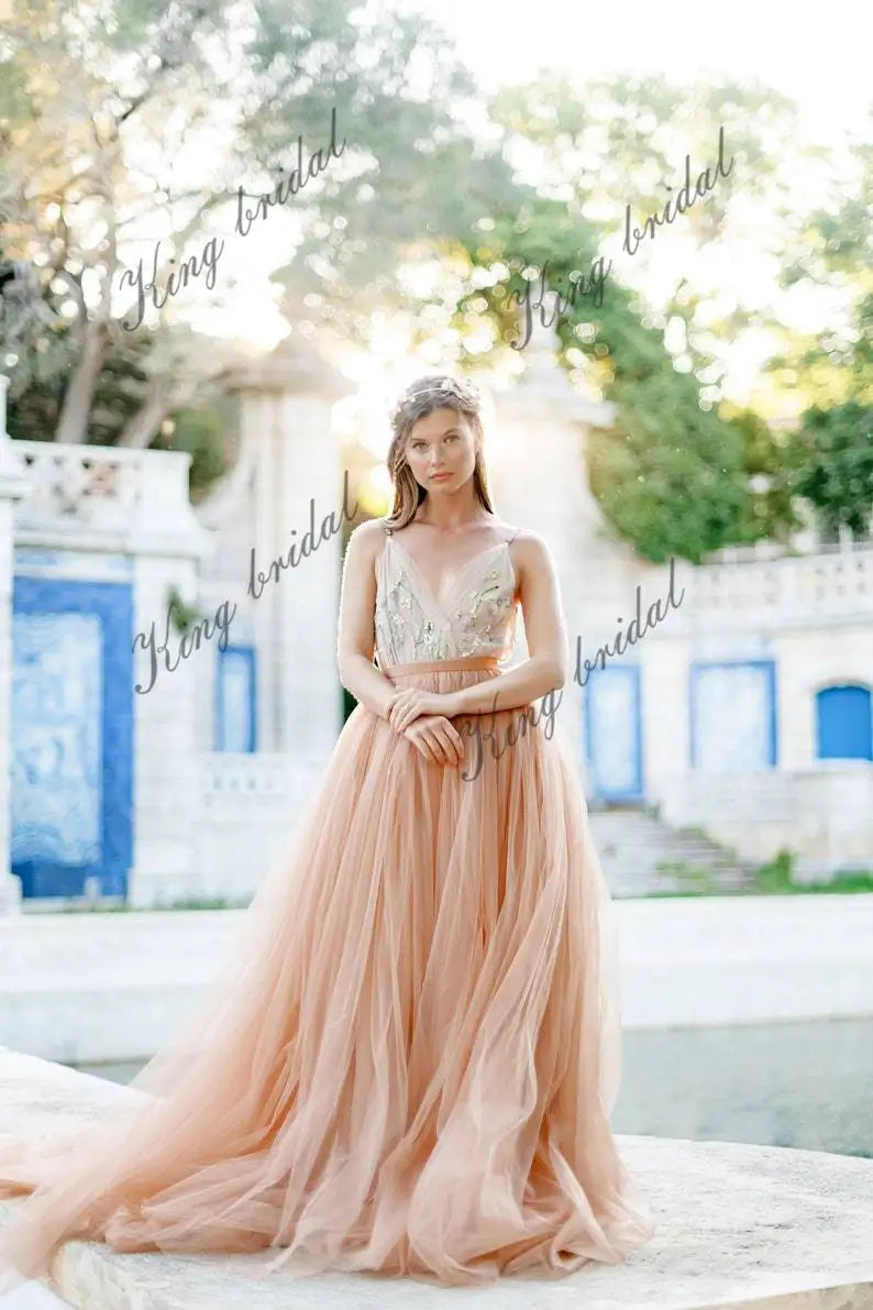 Open back wedding dress Hand embroidered V-neck wedding dresses bohemian bridal gowns bride evening prom gown