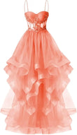 Custom Made Tulle Prom Dresses for Women 2025 Spaghetti Straps Ball Gowns Lace Applique Layered Quinceanera Dresses ball gown