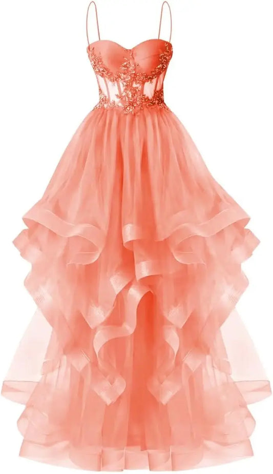 Custom Made Tulle Prom Dresses for Women 2025 Spaghetti Straps Ball Gowns Lace Applique Layered Quinceanera Dresses ball gown