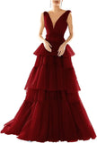 Vestidos de fiesta largos con escote en V doble para mujer, 2025, de tul escalonado, corte A, plisados, formales, para fiesta de noche. 