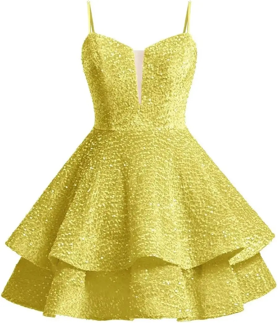 Vestidos de fiesta cortos con lentejuelas brillantes para adolescentes, de Pretty Girls Club, 2025, con tirantes finos, minivestido de cóctel formal con capas 