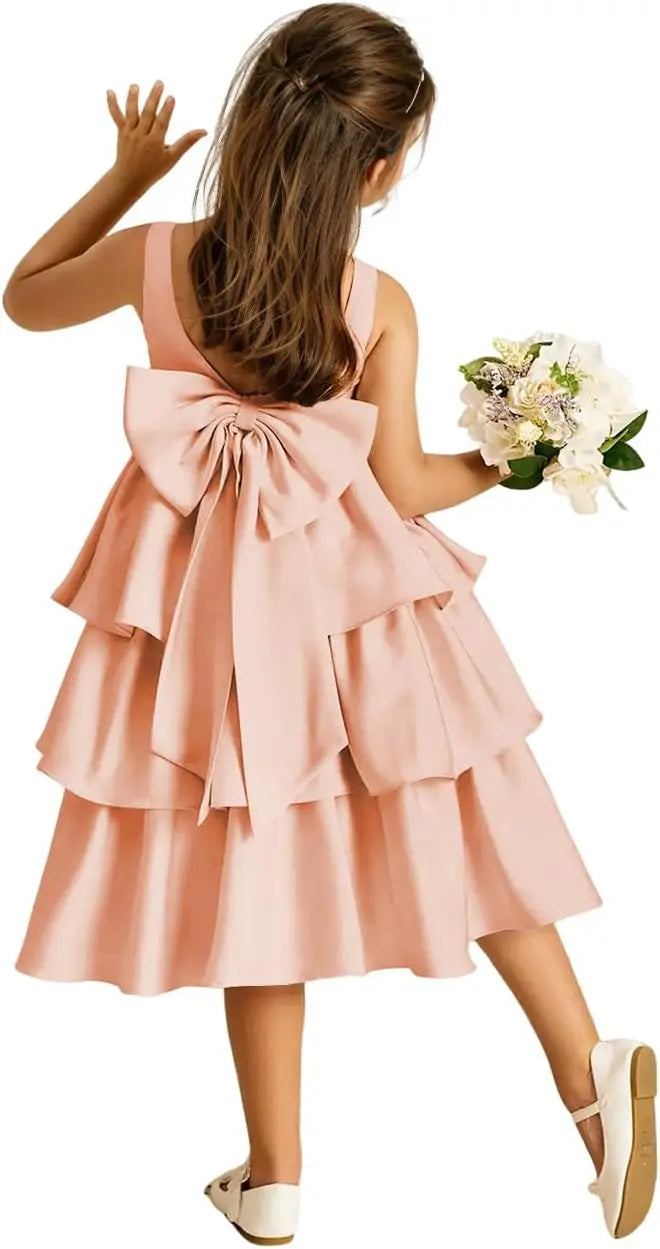 Girls Crewneck Layers Flower Girl Satin Pageant Dress with Bow Knot Backless Birthday Party Formal Dress princess dress