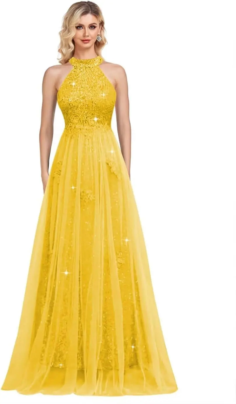 Vestidos de fiesta de lentejuelas con cuello halter y flores, hechos a medida, 2025, de tul brillante, corte A, para boda, fiesta formal de noche 