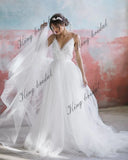 Off white Tüll Brautkleider handbesticktes Brautkleid Volles Brautkleid Spaghettiträger schlichtes Brautkleid 