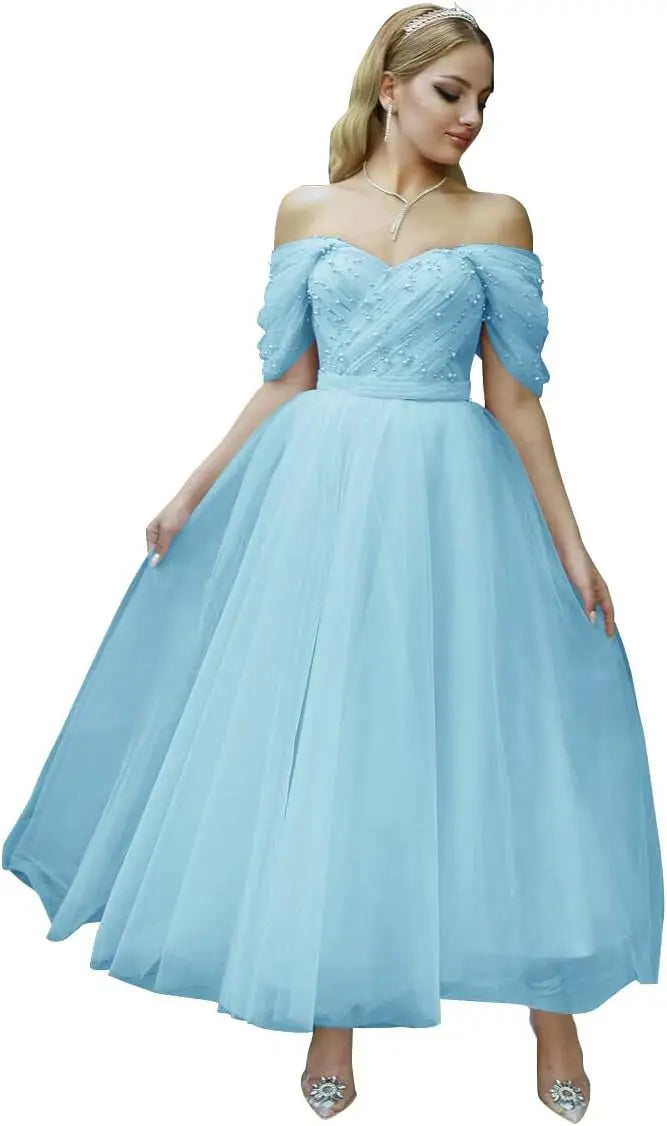 Vestido de fiesta de tul hasta la rodilla con hombros descubiertos para mujer, escote corazón, cuentas, abullonado, estilo princesa adolescente. 