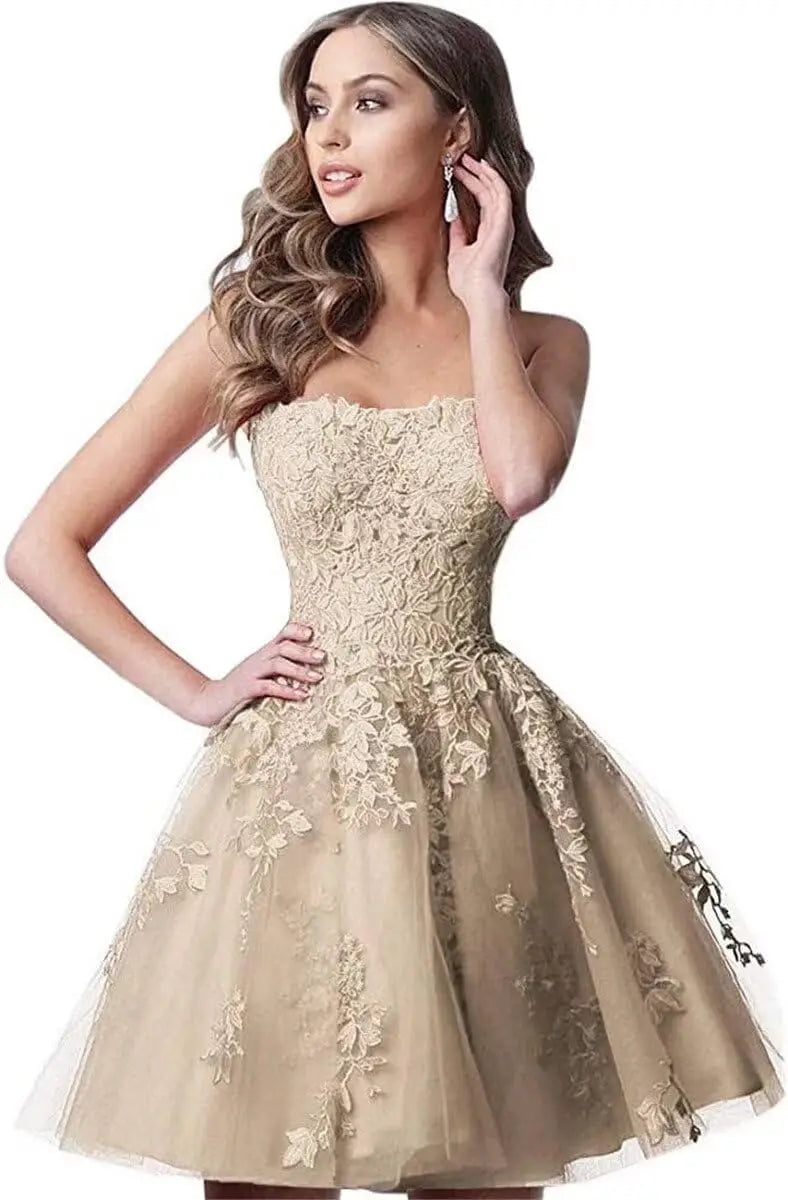Spitzen-Heimkehrkleider, kurz, A-Linie, trägerlos, formelle Cocktailparty-Kleider, Abschlussballkleid, Ballkleider, Minikleid 