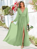 Long Sleeve Bridesmaid Dresses with Slit Pleated Wedding Party Gowns V Neck Chiffon Long Formal Dress evening dress