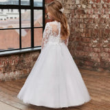 Vestidos de primera comunión para banquetes de cumpleaños, vestidos de niña de las flores, tul blanco, encaje, apliques florales, manga larga para boda 