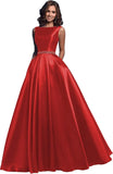 Damen A-Linie Satin Ballkleid Langes Ballkleid Gerafftes Perlenbesetztes Abendkleid Formales Partykleid mit Taschen 