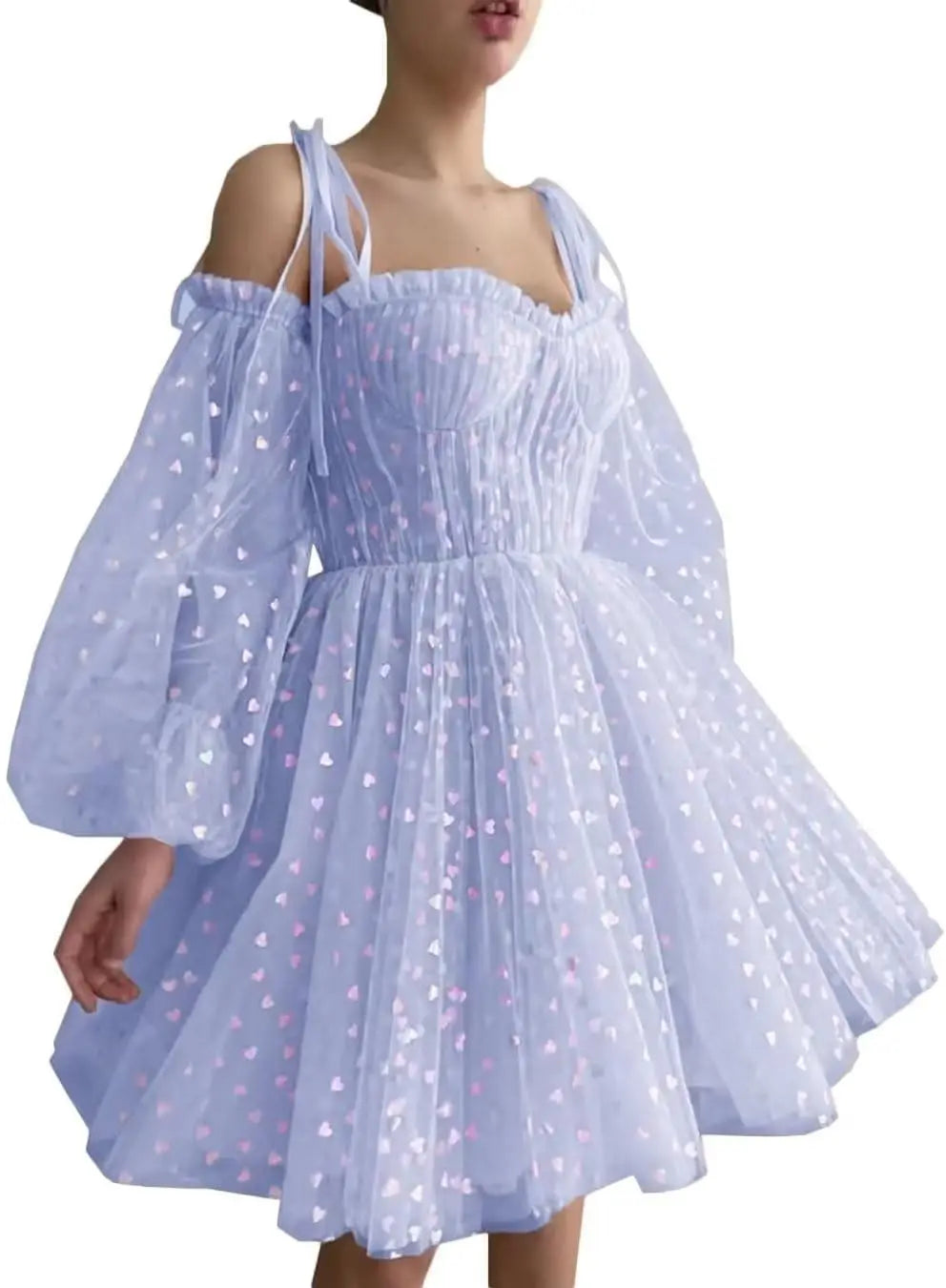 Hübsches Herz, kurzes Tüll-Heimkehrkleid für Teenager, Puffärmel, Mini-Spaghettiträger, formelles Abendkleid, Party-Cocktailkleid 