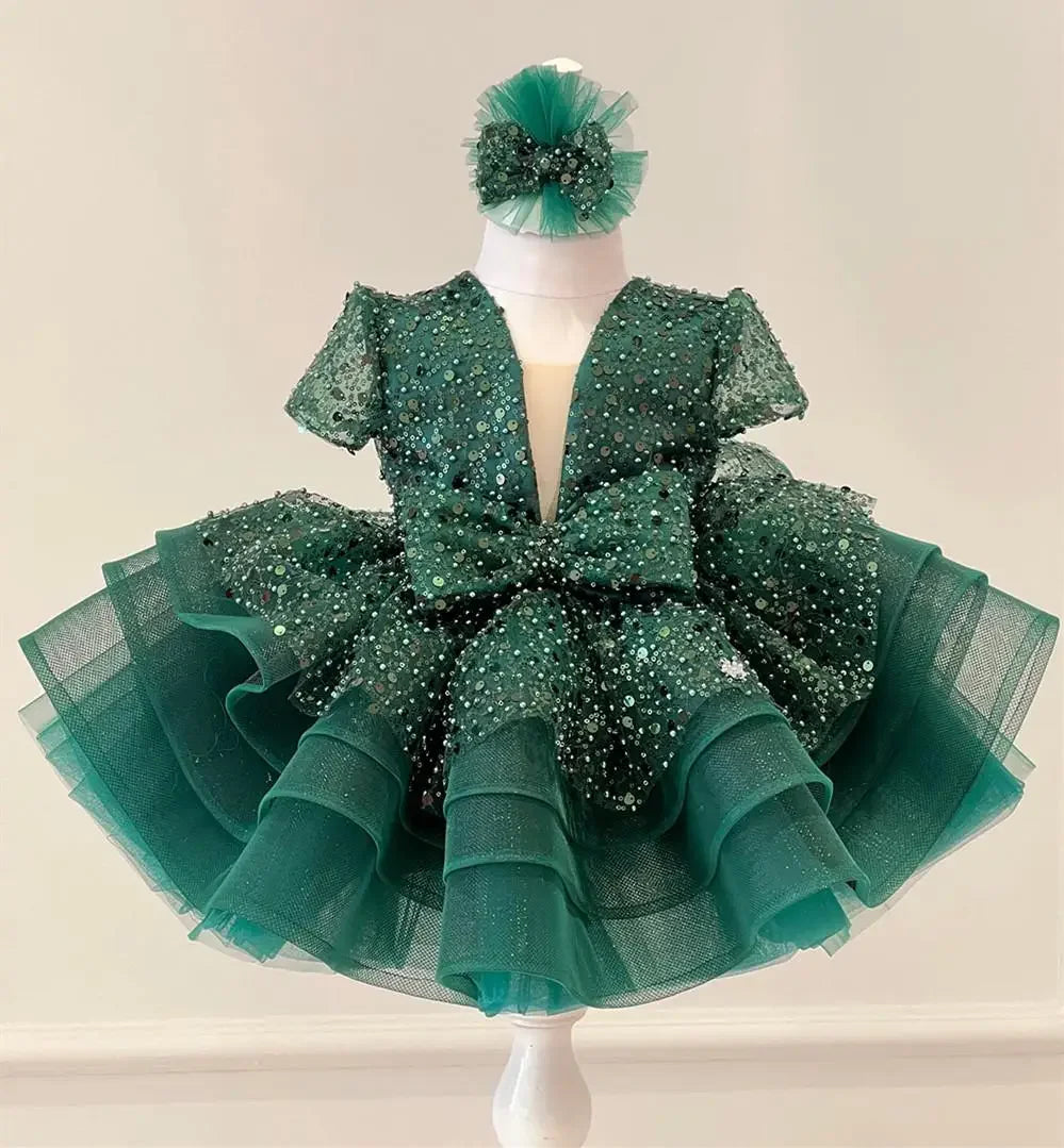 Bonitos vestidos de princesa para fiesta de bodas, personalizados, de organza brillante con lentejuelas y lazo, para niña de las flores. 