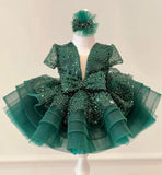Bonitos vestidos de princesa para fiesta de bodas, personalizados, de organza brillante con lentejuelas y lazo, para niña de las flores. 